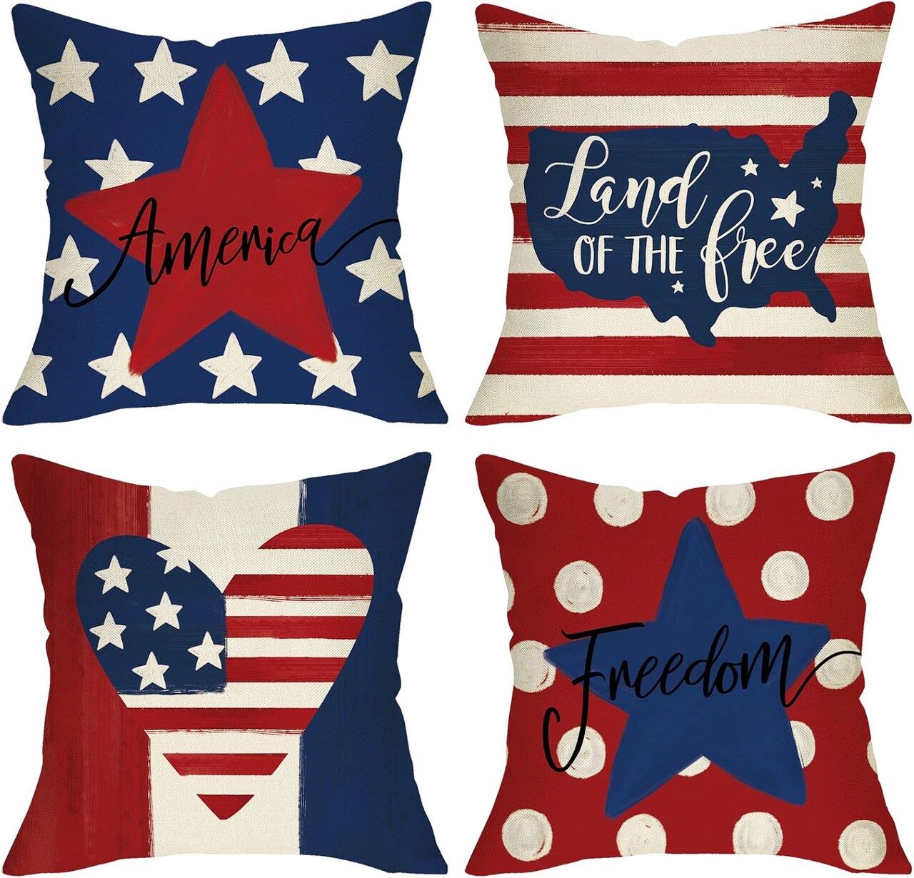 4th of July Patriotic Throw Pillow Covers 18x18 Set of 4 - American Flag Stars and Stripes Outdoor Decor - Red White and Blue USA Cushion Cases for Porch, Patio, & Home Independence Day Decorations
